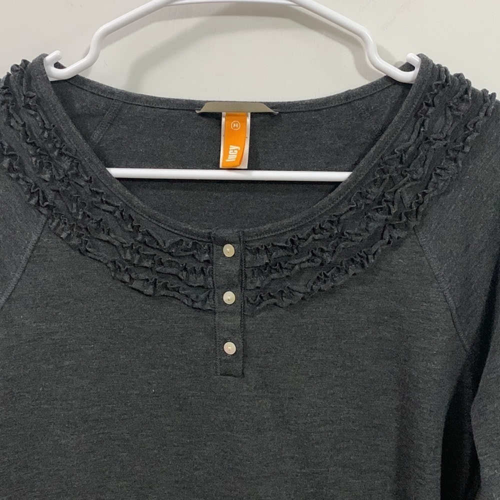 Lucy brand sweater pullover 3 button, size Medium. Ruffles around collar. - Picture 3 of 4